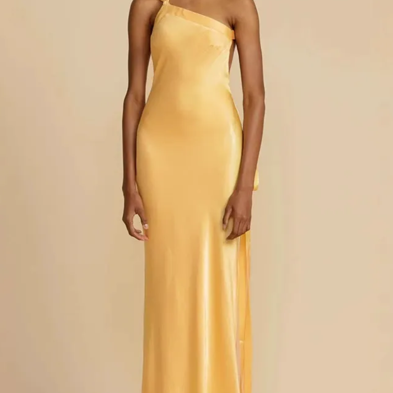 Satin One Shoulder Side Slit Column Maxi Gown