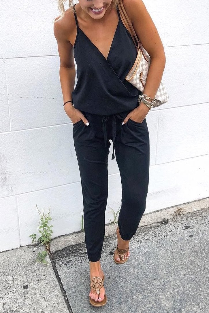 Cross V Neck Drawstring Cami Jumpsuits