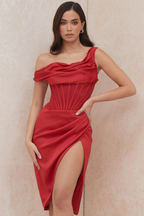 Satin One Shoulder Draped Corset Boned Wrap High Split Midi Dress