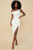 Satin One Shoulder Draped Corset Boned Wrap High Split Midi Dress