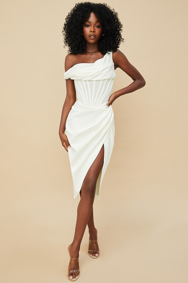 Satin One Shoulder Draped Corset Boned Wrap High Split Midi Dress