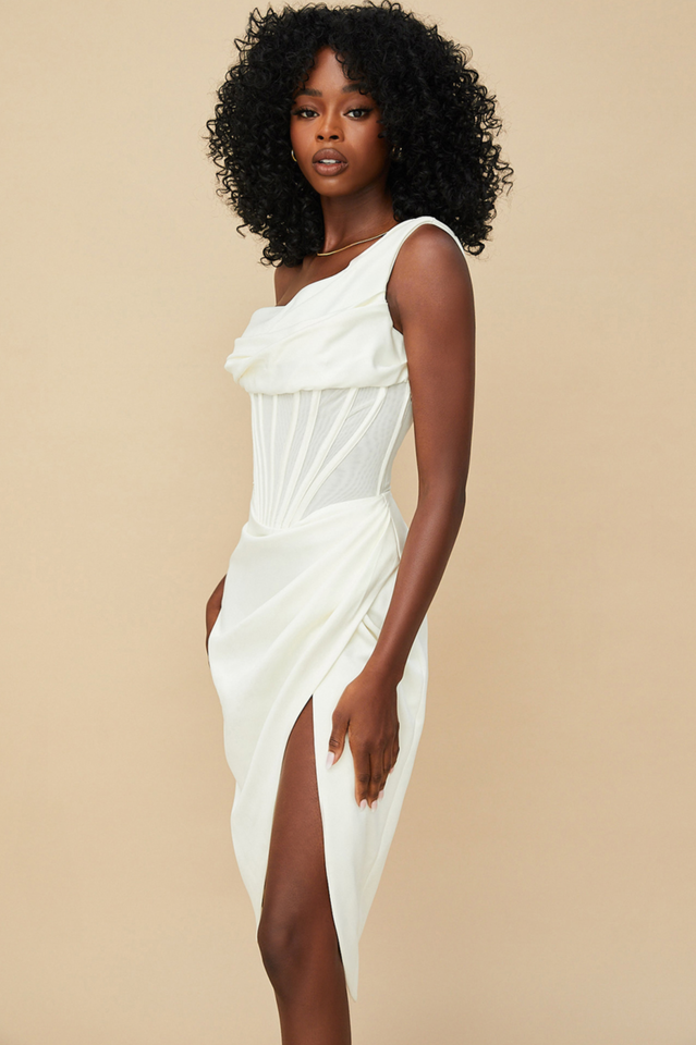 Satin One Shoulder Draped Corset Boned Wrap High Split Midi Dress