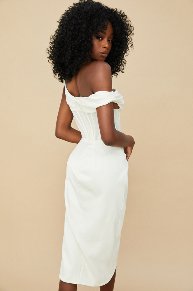 Satin One Shoulder Draped Corset Boned Wrap High Split Midi Dress