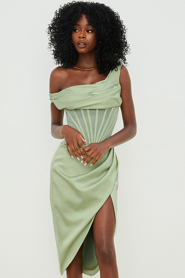 Satin One Shoulder Draped Corset Boned Wrap High Split Midi Dress