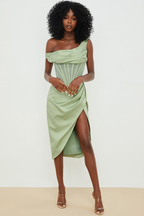 Satin One Shoulder Draped Corset Boned Wrap High Split Midi Dress