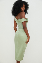 Satin One Shoulder Draped Corset Boned Wrap High Split Midi Dress