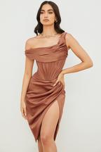 Satin One Shoulder Draped Corset Boned Wrap High Split Midi Dress