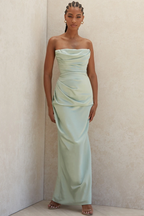 Strapless Cowl Neck Ruched Satin High Slit Maxi Dress