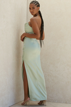 Strapless Cowl Neck Ruched Satin High Slit Maxi Dress