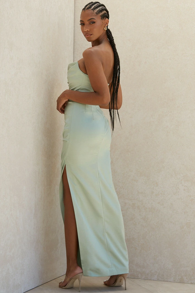 Strapless Cowl Neck Ruched Satin High Slit Maxi Dress