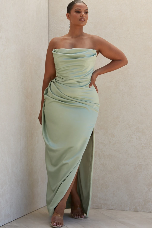 Strapless Cowl Neck Ruched Satin High Slit Maxi Dress