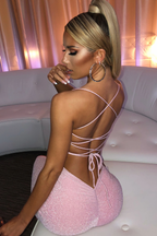 Spaghetti Strap Shimmer Side Cutout Lace-Up Thigh Slit Maxi Dress