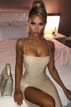 Spaghetti Strap Shimmer Side Cutout Lace-Up Thigh Slit Maxi Dress