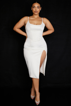 Satin Square Neck Corset Bodice Spaghetti Strap Thigh Slit Midi Dress