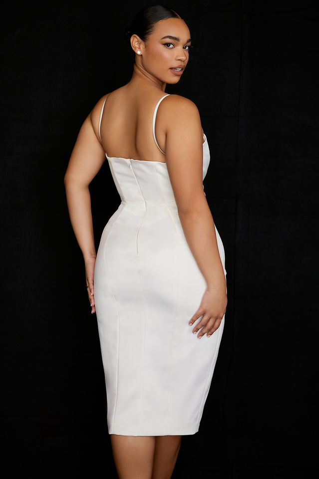 Satin Square Neck Corset Bodice Spaghetti Strap Thigh Slit Midi Dress