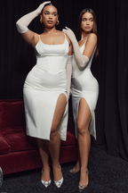 Satin Square Neck Corset Bodice Spaghetti Strap Thigh Slit Midi Dress