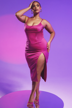 Satin Square Neck Corset Bodice Spaghetti Strap Thigh Slit Midi Dress