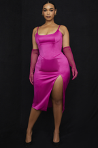 Satin Square Neck Corset Bodice Spaghetti Strap Thigh Slit Midi Dress