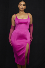 Satin Square Neck Corset Bodice Spaghetti Strap Thigh Slit Midi Dress