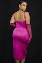 Satin Square Neck Corset Bodice Spaghetti Strap Thigh Slit Midi Dress