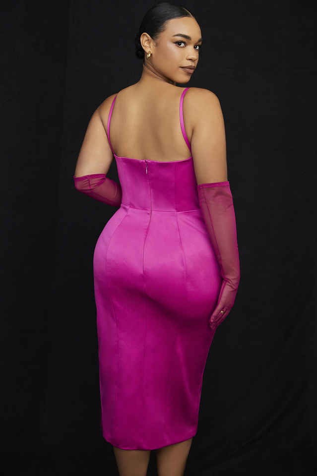 Satin Square Neck Corset Bodice Spaghetti Strap Thigh Slit Midi Dress