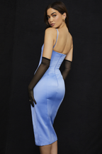 Satin Square Neck Corset Bodice Spaghetti Strap Thigh Slit Midi Dress