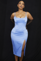 Satin Square Neck Corset Bodice Spaghetti Strap Thigh Slit Midi Dress