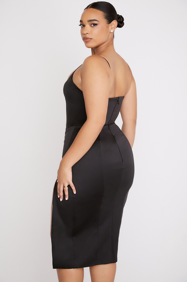 Satin Square Neck Corset Bodice Spaghetti Strap Thigh Slit Midi Dress