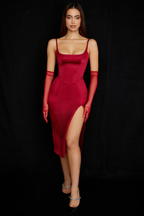 Satin Square Neck Corset Bodice Spaghetti Strap Thigh Slit Midi Dress
