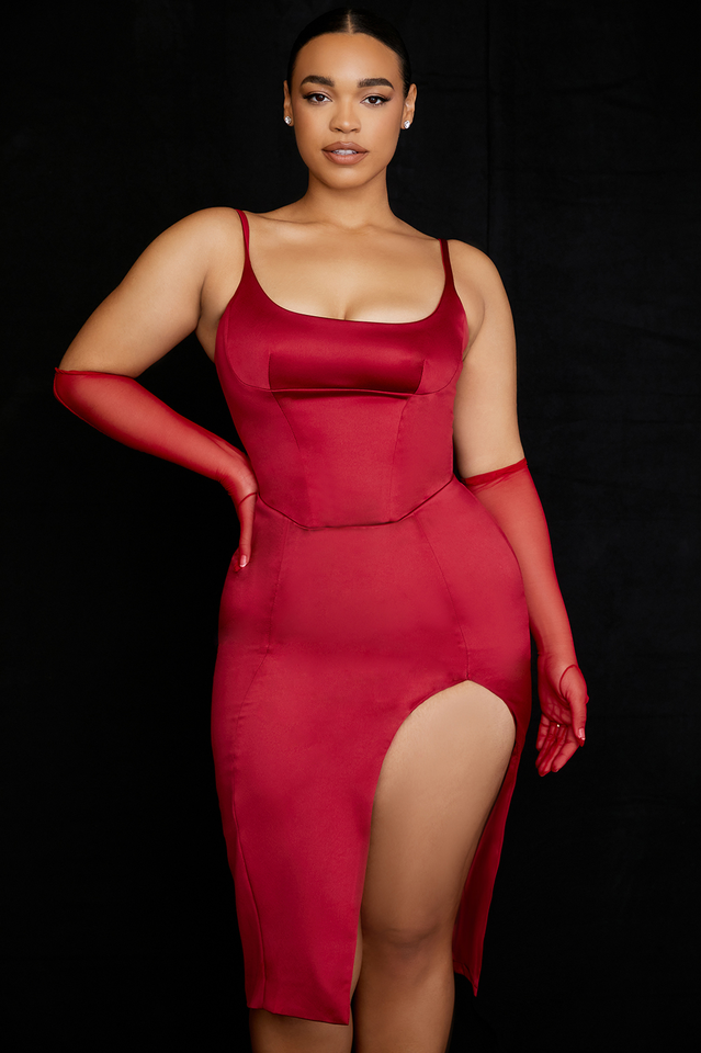 Satin Square Neck Corset Bodice Spaghetti Strap Thigh Slit Midi Dress