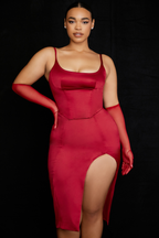 Satin Square Neck Corset Bodice Spaghetti Strap Thigh Slit Midi Dress