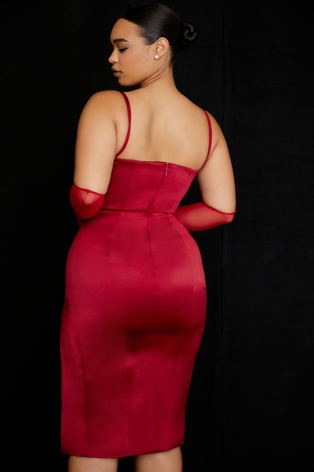 Satin Square Neck Corset Bodice Spaghetti Strap Thigh Slit Midi Dress