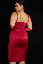 Satin Square Neck Corset Bodice Spaghetti Strap Thigh Slit Midi Dress