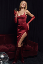 Satin Square Neck Corset Bodice Spaghetti Strap Thigh Slit Midi Dress