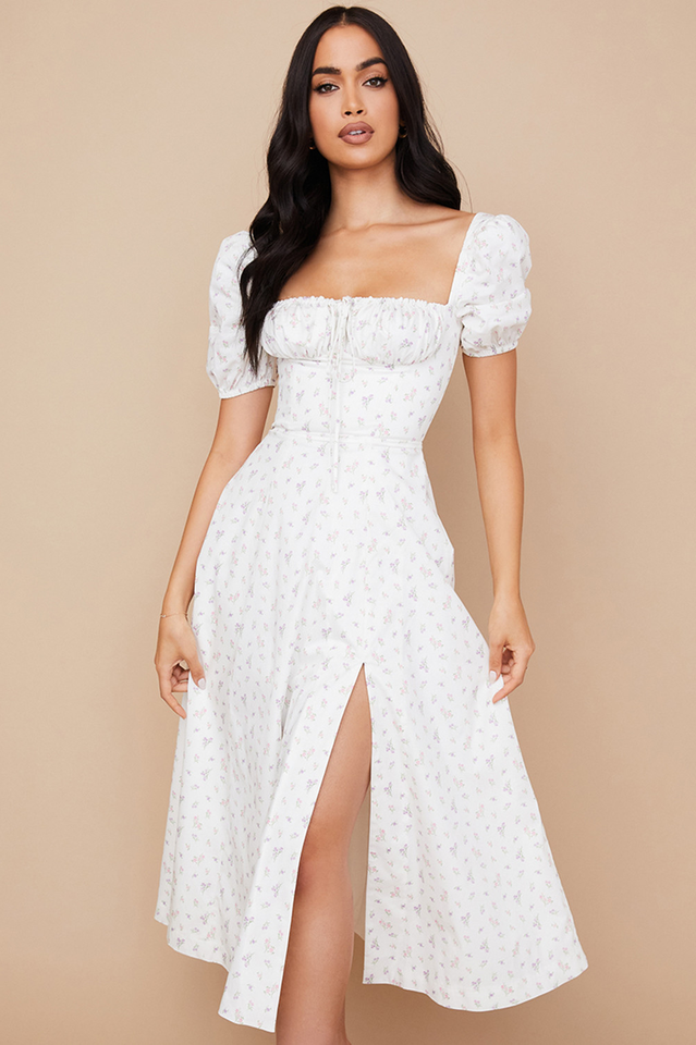 Ditsy Floral Print Puff Sleeve Square Neck Ruched Bust Side Split Midi Dress