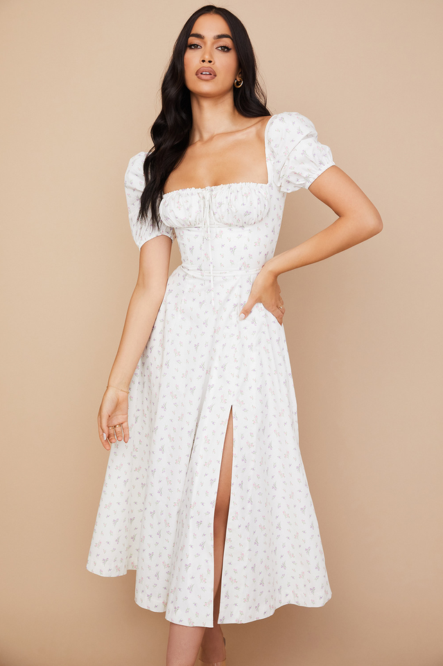 Ditsy Floral Print Puff Sleeve Square Neck Ruched Bust Side Split Midi Dress