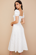 Ditsy Floral Print Puff Sleeve Square Neck Ruched Bust Side Split Midi Dress