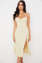 Ditsy Floral Print Spaghetti Strap Tie Front Ruched Sweetheart High Split Midi Dress