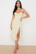 Ditsy Floral Print Spaghetti Strap Tie Front Ruched Sweetheart High Split Midi Dress