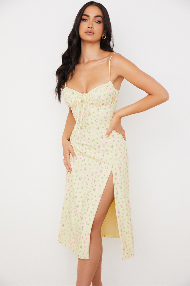 Ditsy Floral Print Spaghetti Strap Tie Front Ruched Sweetheart High Split Midi Dress
