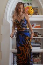 Cowl Neck Spaghetti Strap Abstract Marble Print Satin Slip Maxi Dress