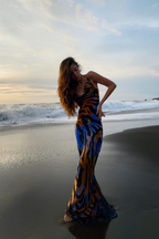 Cowl Neck Spaghetti Strap Abstract Marble Print Satin Slip Maxi Dress