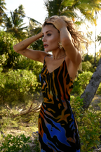 Cowl Neck Spaghetti Strap Abstract Marble Print Satin Slip Maxi Dress