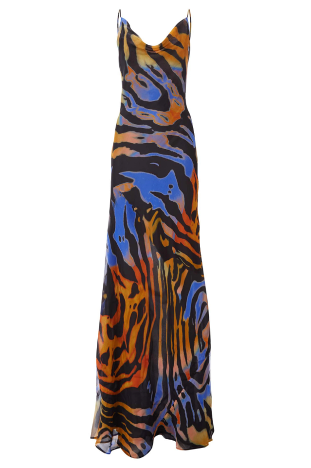 Cowl Neck Spaghetti Strap Abstract Marble Print Satin Slip Maxi Dress