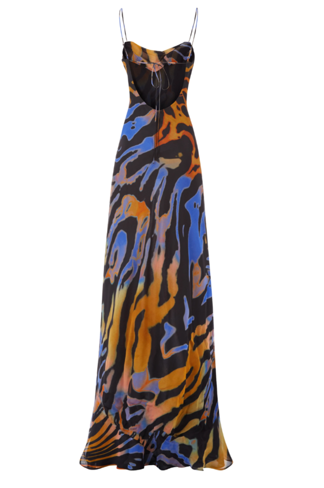 Cowl Neck Spaghetti Strap Abstract Marble Print Satin Slip Maxi Dress