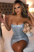 Strapless Corset Bodice Ruched Shimmer Bodycon Mini Dress