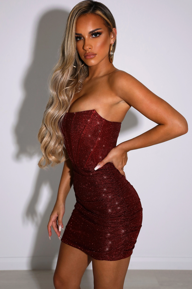 Strapless Corset Bodice Ruched Shimmer Bodycon Mini Dress