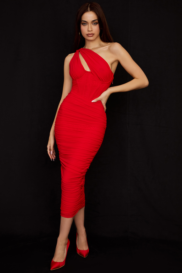 One Shoulder Cut Out Corset Bodice Ruched Gathered Mesh Midi Dress