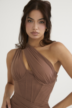 One Shoulder Cut Out Corset Bodice Ruched Gathered Mesh Midi Dress