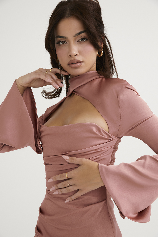Mock Neck Chest Cutout Ruched Bell Sleeve Satin Mini Dress